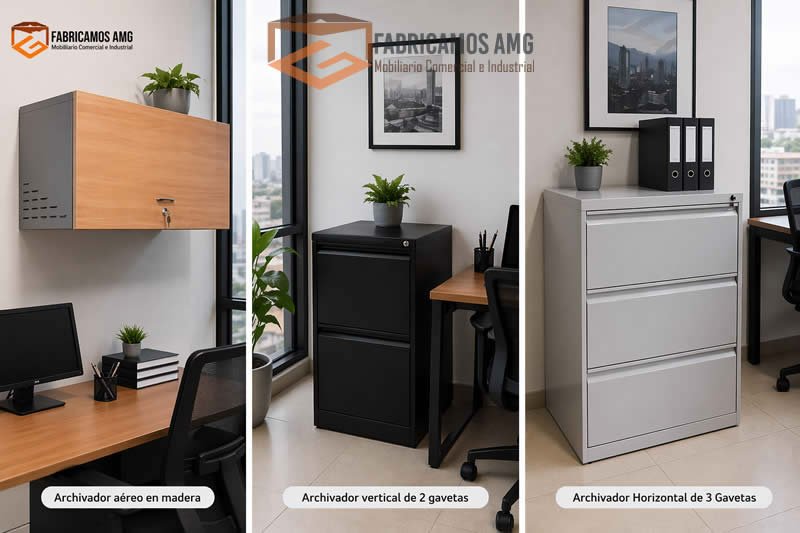 Archivador aéreo en madera, archivador vertical 2 gavetas y archivador horizontal 3 gavetas