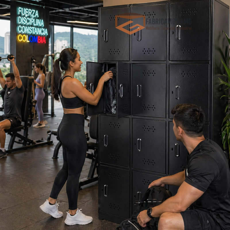 Mujer usando locker metálico de color negro para Gimnasios en Bogotá