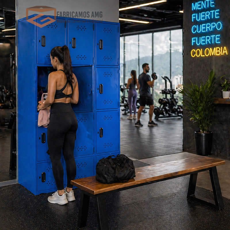 Mujer usando Locker Metálico Azul para Gimnasios en Bogotá