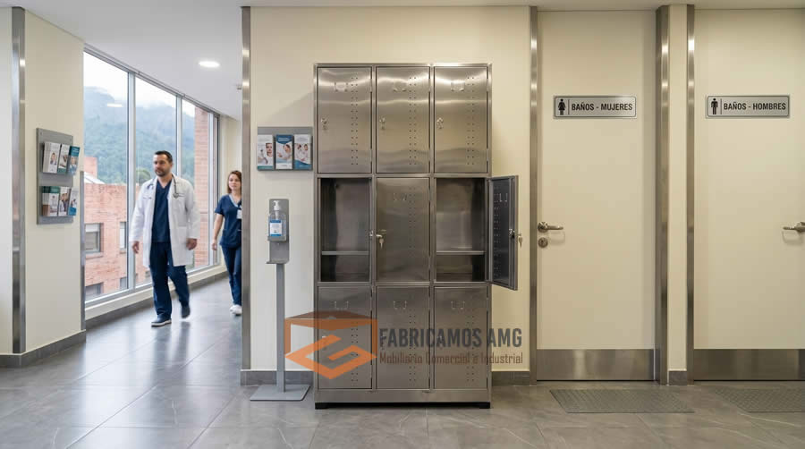 Locker de nueve compartimentos en acero inoxidable resistente a la humedad y el óxido ubicado en el ingreso a baños y vestuarios de clínica médica en Usaquén Bogotá