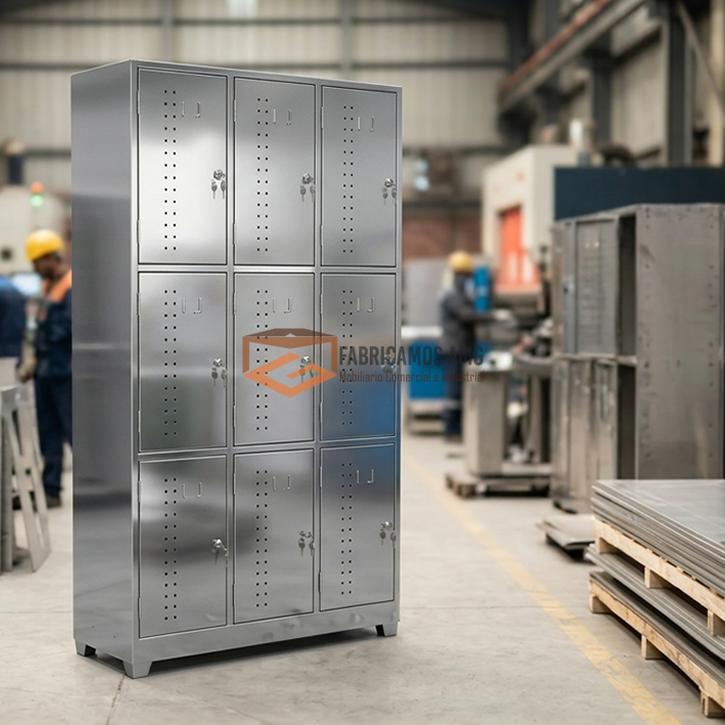 Módulo de lockers metálicos para empresas fabricado en acero laminado Cold Rolled con puertas ventiladas y sistema portacandado en entorno industrial de Bogotá.