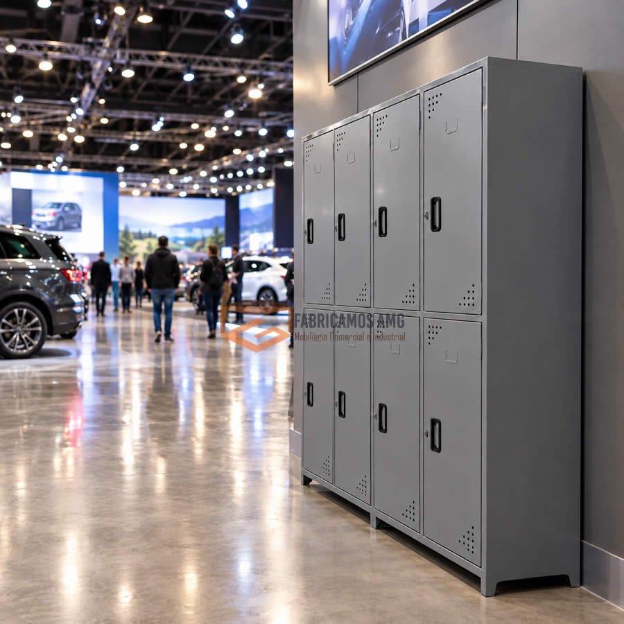 Hilera de lockers metálicos instalados en un pabellón de exposiciones durante una feria del automóvil