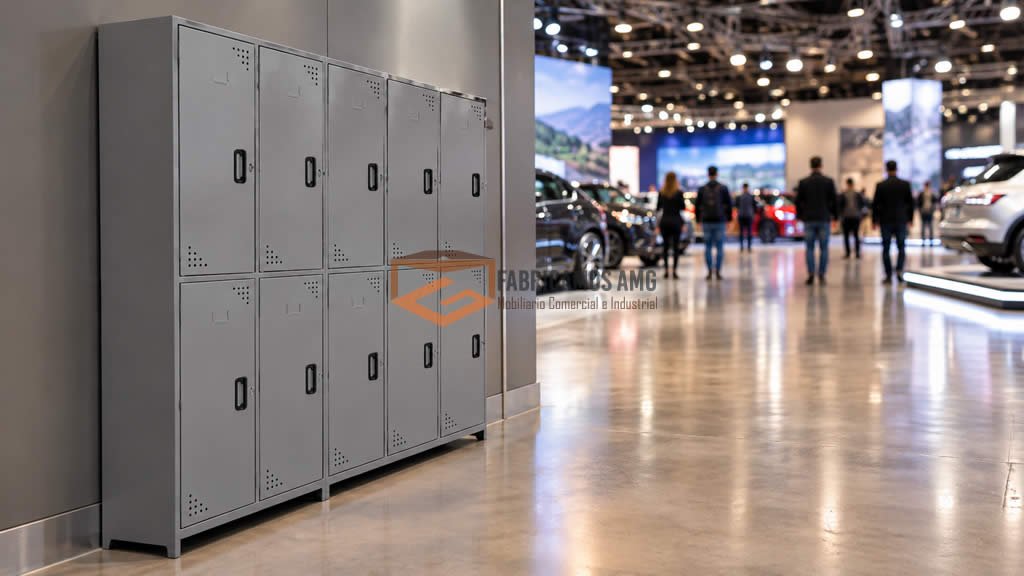 Hilera de lockers metálicos instalados en las exposiciones de autos durante una feria del automóvil