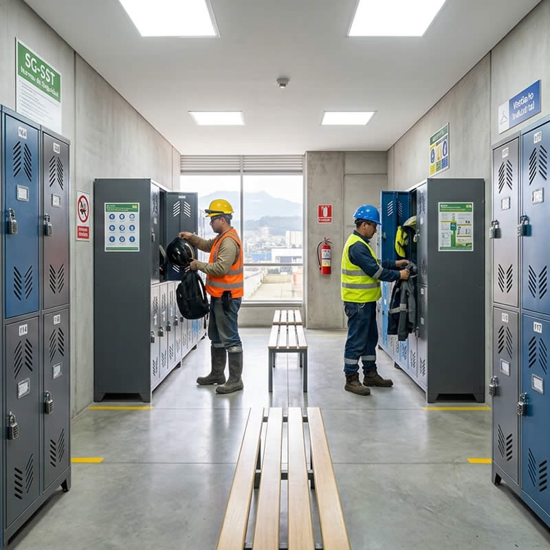 Batería de lockers metálicos dobles de acero con rejillas de ventilación y candado instalados en un vestuario industrial conforme a la normativa SG-SST en Colombia.